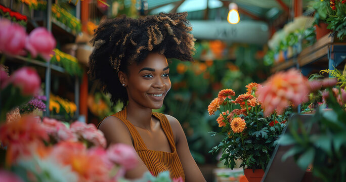 Afro woman florist, flower shop owner, using computer laptop at flower shop, smiling exciting. Generative AI.