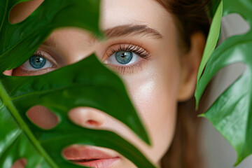 Close up face of beautiful young woman covering her face by green monstera leaf while looking at camera.