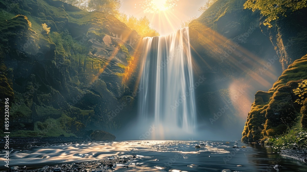 Poster A waterfall enveloped in a light mist, with sun rays breaking through the clouds and illuminating. Generative AI.
