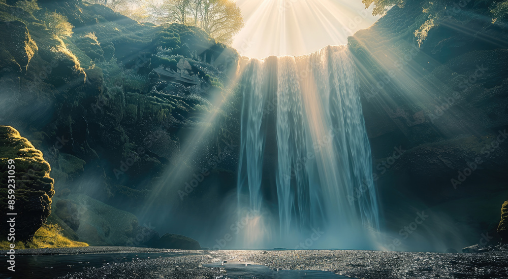 Poster A waterfall enveloped in a light mist, with sun rays breaking through the clouds and illuminating. Generative AI.