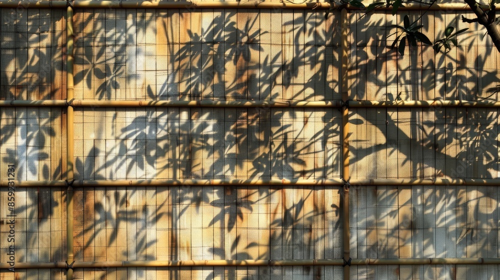 Poster abstract asian inspired background with shadowy trees on bamboo patterned blind window texture