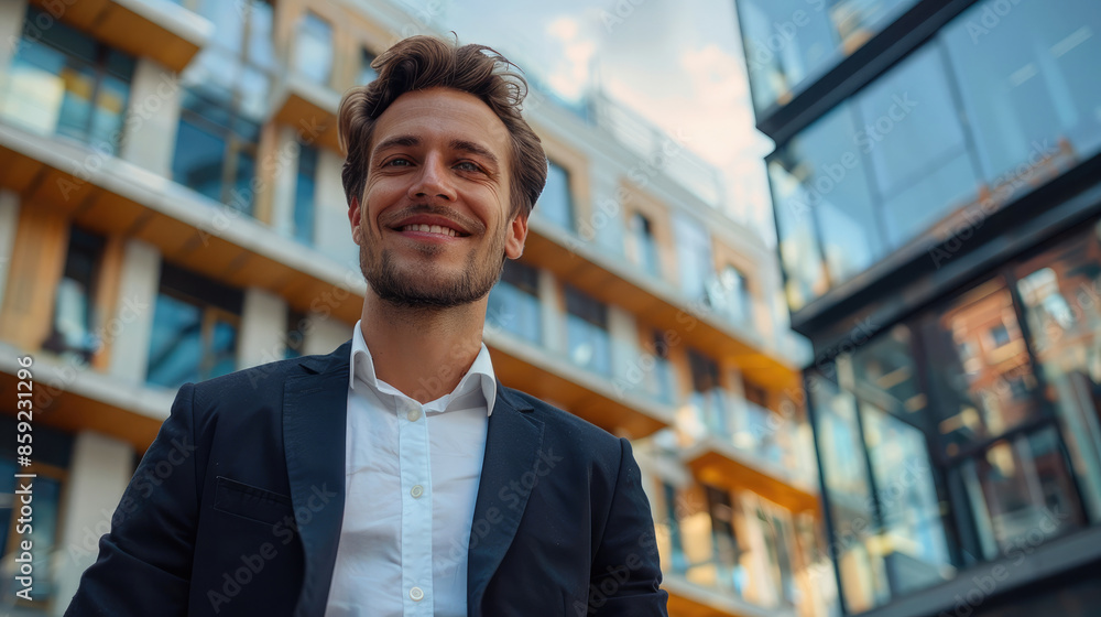Poster portrait of a smiling businessman in a suit in front of a modern office building. generative ai.