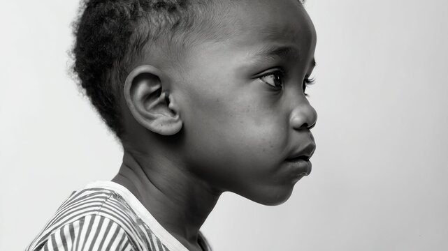 young handsome african kid side view portrait on plain white background