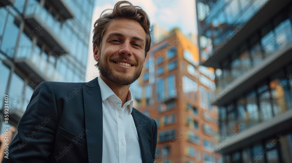 Aufkleber portrait of a smiling businessman in a suit in front of a modern office building. generative ai.