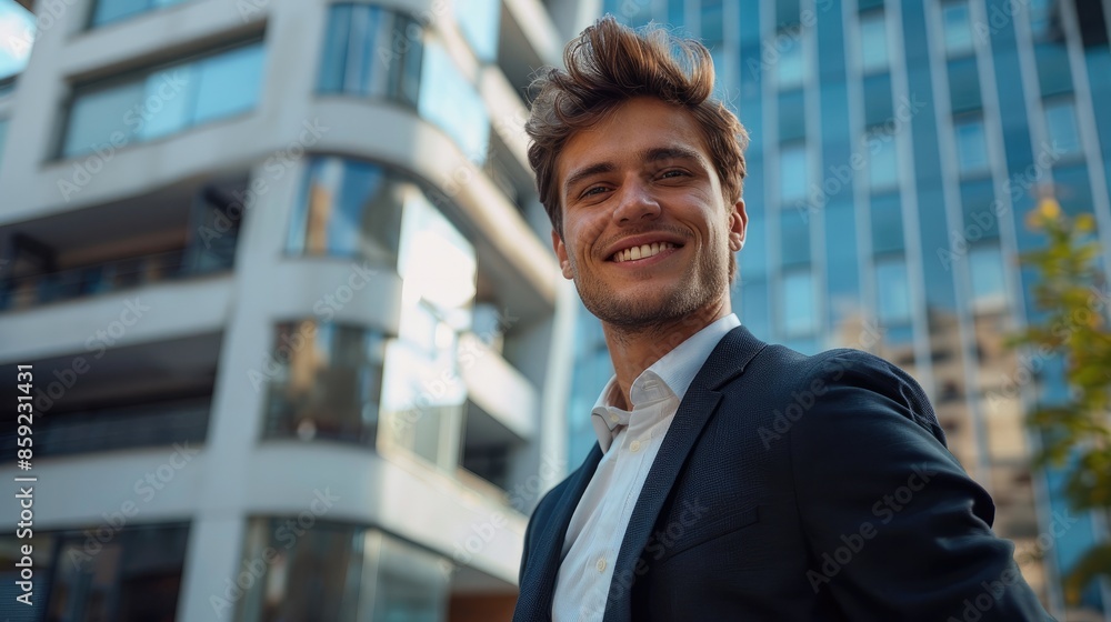 Poster portrait of a smiling businessman in a suit in front of a modern office building. generative ai.