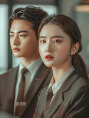 Modern Chinese partners in suits, discussing business in sleek office, close-up, HD, real, young,