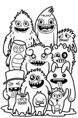 Hand-drawn illustrations, monsters doodle, Hand Drawn cartoon monster illustration,Cartoon crowd doodle hand-drawn Doodle style.black and white stripes coloring  book.