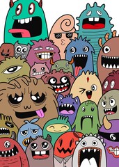 Hand-drawn illustrations, monsters doodle, Hand Drawn cartoon monster illustration,Cartoon crowd doodle hand-drawn Doodle style.