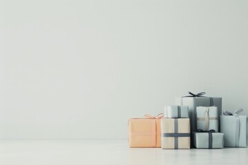 Obraz premium Festive Delights: Colorful Wrapped Presents on Minimalist White Background