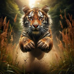 High-speed photography of a tiger Jumping in the tall grass, motion blur and a fast shutter speed