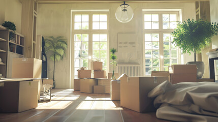 A sunlit room filled with cardboard boxes, indicating a just completed move or renovation, with plants and furniture enhancing the cozy space.