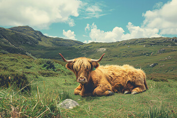 a cow laying down in a field with mountains in the background