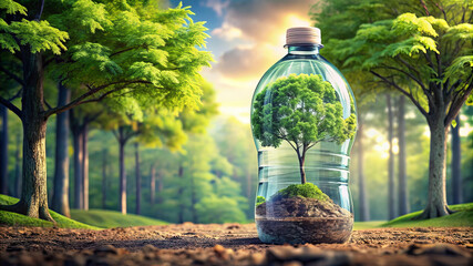 In the forest, a tree grows from a plastic bottle