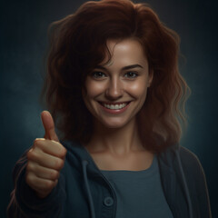 photo of a woman smiling while giving a thumbs up, photobashing, strong facial expression, photo-realistic techniques, grid-based, uhd image, 32k uhd, in the style of hyper-realistic portraiture 