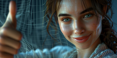 photo of a woman smiling while giving a thumbs up, photobashing, strong facial expression, photo-realistic techniques, grid-based, uhd image, 32k uhd, in the style of hyper-realistic portraiture 