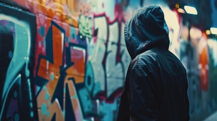 Obraz premium Person Wearing A Hooded Jacket Stands In Front Of A Graffiti Wall At Night