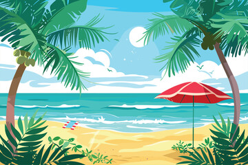 Fototapeta premium Summer Beach Scenery Background with Palm Trees vector illustration. Tropical beach. Vector. Beautiful White Sand Beach. 