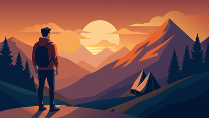 Young man traveler looking landscape at sunset and camping on mountain, Adventure travel lifestyle concept