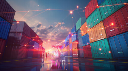 A futuristic shipping yard with vivid rainbow-colored cargo containers is electrified by glowing digital connections, illustrating advanced logistics technology.