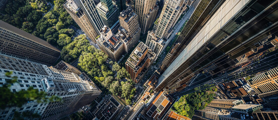aerial view of high-rise building and dense skyscrapers with a vibrant green park, business city background