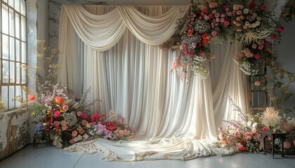 Floral Backdrop with Draped Fabric in a Loft