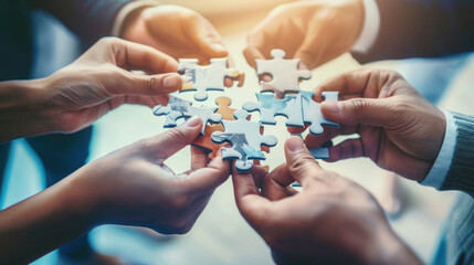 People holding a jigsaw puzzle, symbolizing business solutions, success, and strategy. Conceptual image of teamwork and collaboration in achieving goals.