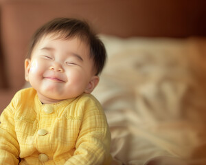 smiling asian baby, in the style of depth of field, soft-focus, in the style of joyful celebration of nature, macro zoom, in the style of high-key lighting, clean-lined, emotive faces 