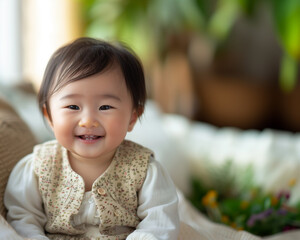 smiling asian baby, in the style of depth of field, soft-focus, in the style of joyful celebration of nature, macro zoom, in the style of high-key lighting, clean-lined, emotive faces 