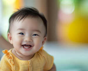 smiling asian baby, in the style of depth of field, soft-focus, in the style of joyful celebration of nature, macro zoom, in the style of high-key lighting, clean-lined, emotive faces 