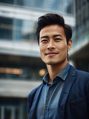 Portrait of a confident young Chinese man, looking directly at the viewer with a subtle, smug smile, set against a contemporary urban backdrop.