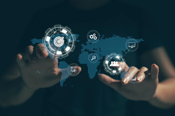 Businessman touching virtual reality screen. Marketing concept, setting business goals. Business planning, global growth possibility trends.