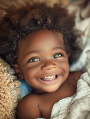 smiling afro baby, in the style of depth of field, soft-focus, in the style of joyful celebration of nature, macro zoom, in the style of high-key lighting, clean-lined, emotive faces