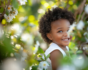 smiling afro baby, in the style of depth of field, soft-focus, in the style of joyful celebration of nature, macro zoom, in the style of high-key lighting, clean-lined, emotive faces