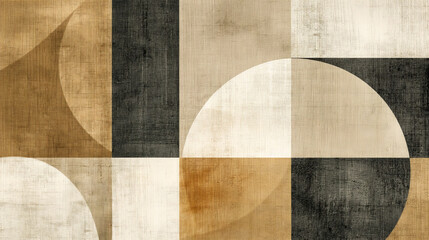 Modern abstract design featuring geometric shapes in earthy tones of beige, brown and grey on a textured background.