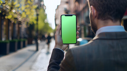Rear View of a Businessman Holding a Phone with a Green Screen. Concept Business, Mobile Technology, Green Screen, Professional, Communication