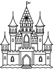 Fototapeta premium simple cartoon drawing of a castle coloring page for kids, with thick lines, low detail, in black and white, no shading, a front view with a white background