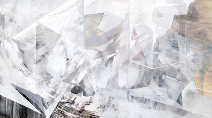 A close-up of an abstract painting with white and gray shapes, resembling crumpled paper or crystal formations.