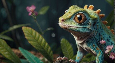 A chameleon is sitting on a branch and looking up.