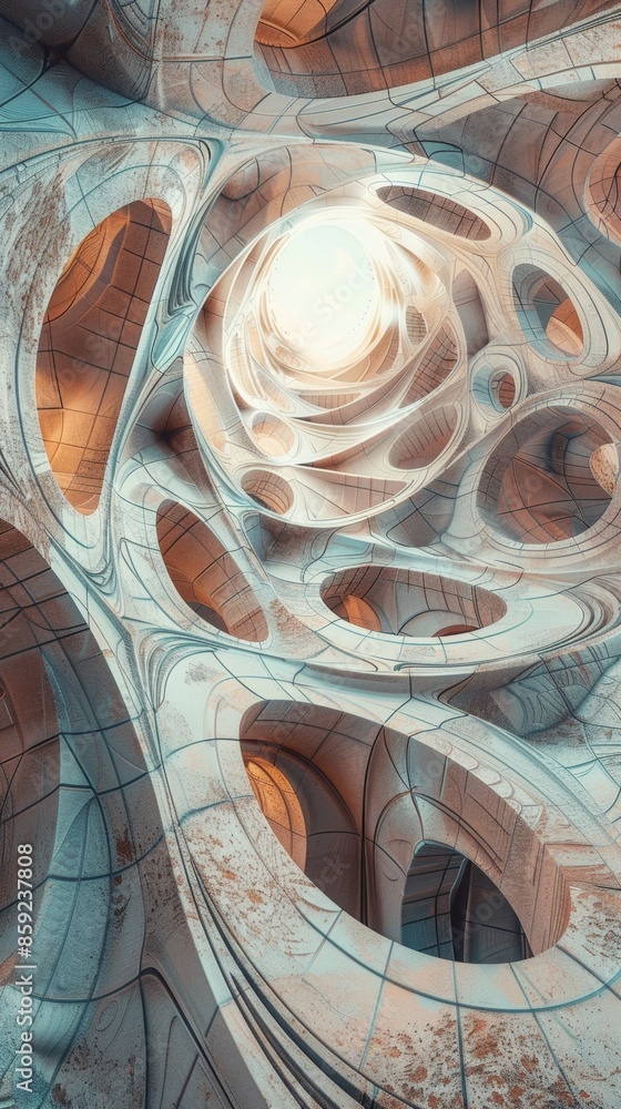 Poster an intricate mosaic of intersecting arcs and circles reminiscent of a kaleidoscope.