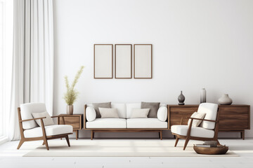 Minimalist living room with white and walnut furniture