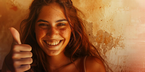 photo of a woman smiling while giving a thumbs up, photobashing, strong facial expression, photo-realistic techniques, grid-based, uhd image, 32k uhd, in the style of hyper-realistic portraiture 