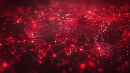 Red colored map of the world. Conception of global network connection and data sharing
