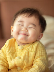 smiling asian baby, in the style of depth of field, soft-focus, in the style of joyful celebration of nature, macro zoom, in the style of high-key lighting, clean-lined, emotive faces 