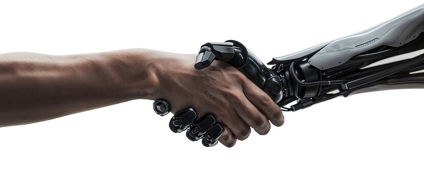 Human hand shaking a robotic hand in a futuristic setting, future of human-machine interaction and the growing role of artificial intelligence in society