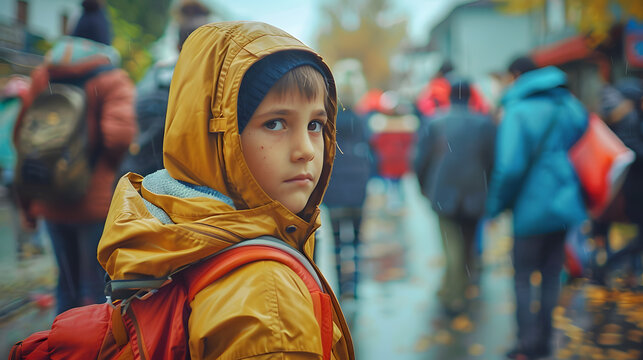 Refugees observing children in the background during an economic crisis. Concept Refugees, Economic Crisis, Children, Observing, Background