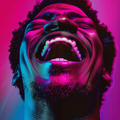 man laughing , in the style of photo-realistic compositions, neon pop, close up, warmcore, emotive faces, photo-realistic hyperbole, in the style of magenta, contemporary candy-coated, high gloss, vib
