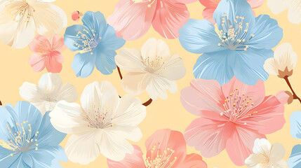 Sakura flowers in pastel pink blue yellow and white seamless repeating pattern