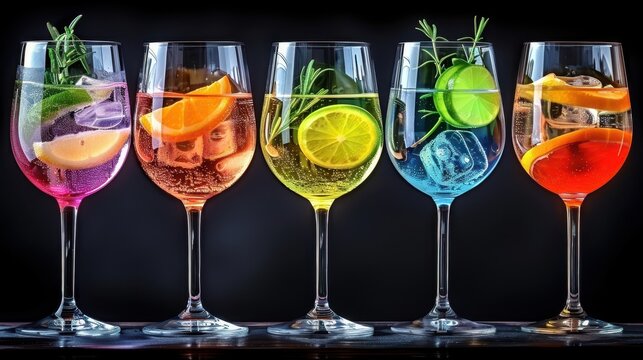 A collection of five cocktails with vivid colors and artistic garnishes, displayed in elegant glasses, exuding a sense of creativity and festive mood enhanced by sharp contrasts.