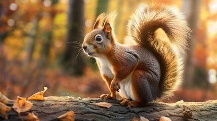 Red Squirrel Perched On Fallen Log In Autumn Forest