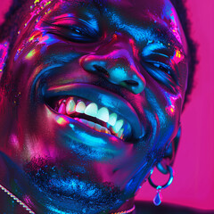 man laughing , in the style of photo-realistic compositions, neon pop, close up, warmcore, emotive faces, photo-realistic hyperbole, in the style of magenta, contemporary candy-coated, high gloss, vib